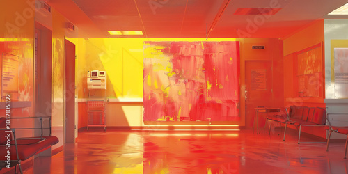 An abstract expressionist painting in shades of red and yellow in a mental health emergency room, conveying a sense of urgency photo