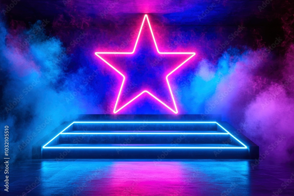 Neon Star and Steps in a Smoky and Glowing Environment Neon Star and Steps in a Smoky and Glowing Environment