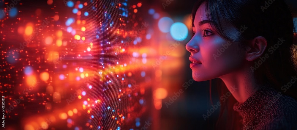 Woman with red and blue lights behind her looking at a bright lights bokeh. Woman with red and blue lights behind her looking at a bright lights bokeh.