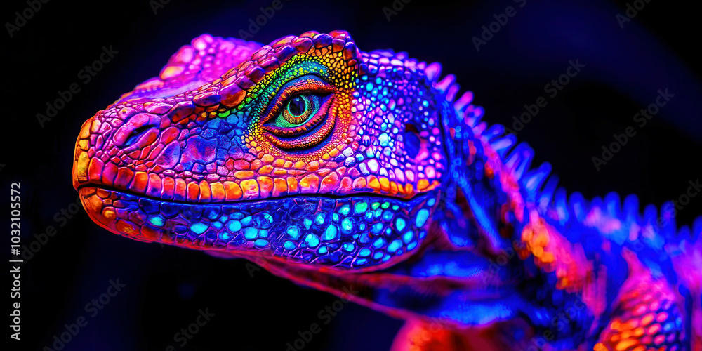 A colorful lizard with neon green eyes stares at the camera A colorful lizard with neon green eyes stares at the camera