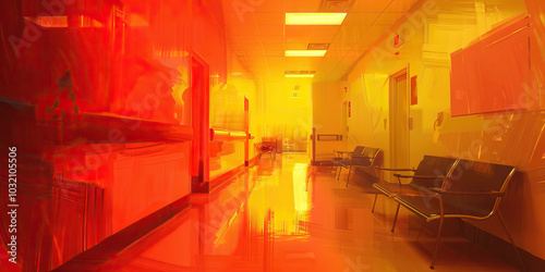 An abstract expressionist painting in shades of red and yellow in a mental health emergency room, conveying a sense of urgency photo