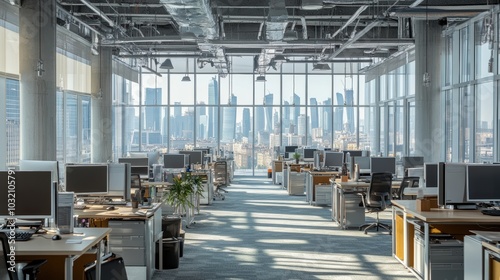 Office interior in industrial style. Sunlit open office space featuring large desks, computers, and expansive windows offering a panoramic view of a city skyline. 