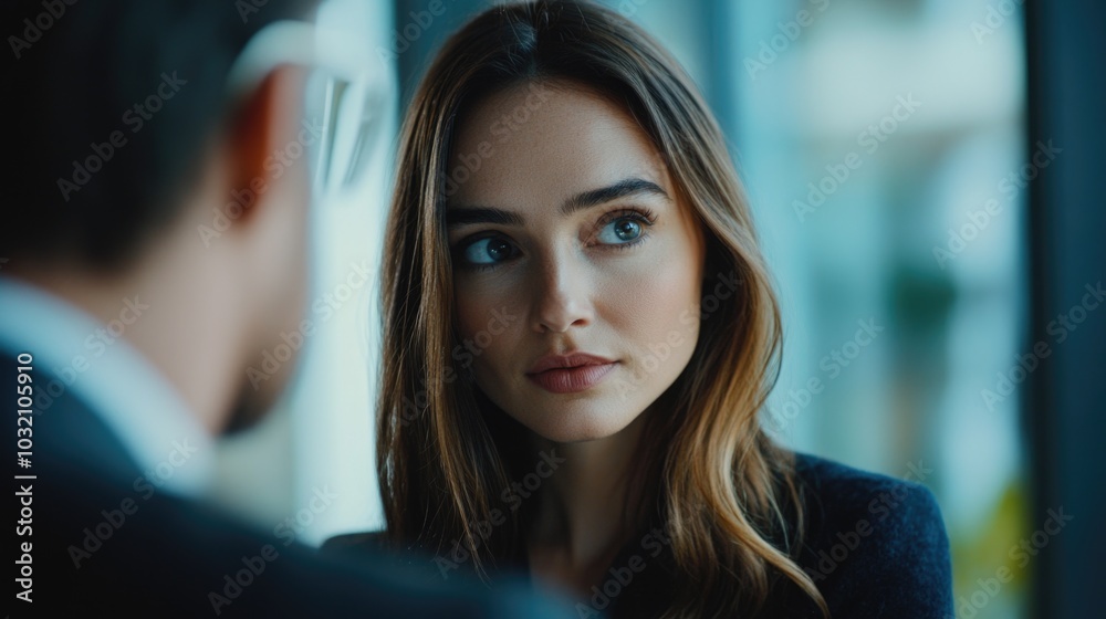 A woman looks at a man in a business suit, likely discussing a professional matter A woman looks at a man in a business suit, likely discussing a professional matter
