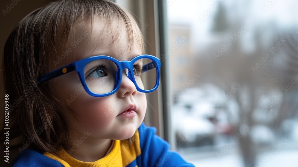 Young child wearing blue glasses focusing on distant tree outside window, symbolizing myopia prevention and importance of outdoor activities. Young child wearing blue glasses focusing on distant tree outside window, symbolizing myopia prevention and importance of outdoor activities.