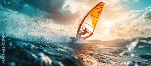 A windsurfer rides a wave in the ocean, the sun shining down on them.