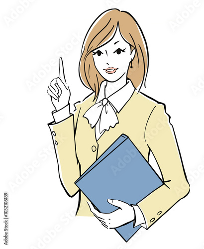 Woman holding a file in one hand and pointing to it while explaining