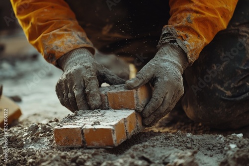 A person constructing with bricks in the ground