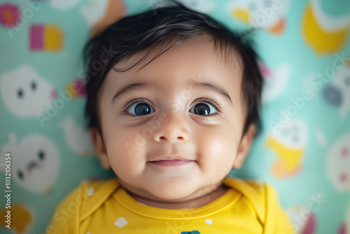 Portrait of a cute 3 month old Indian baby in his crib wearing a yellow romper