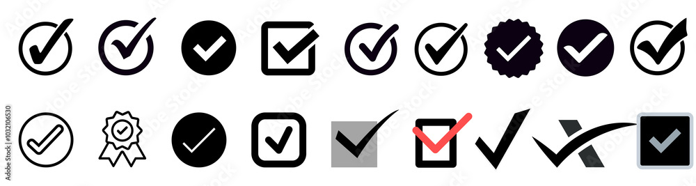 Tick icons set in vector isolation on white Tick icons set in vector isolation on white