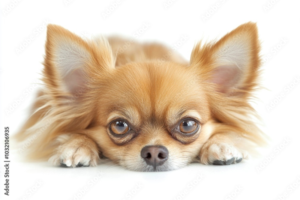 A small brown dog is lying on a white floor, waiting for attention