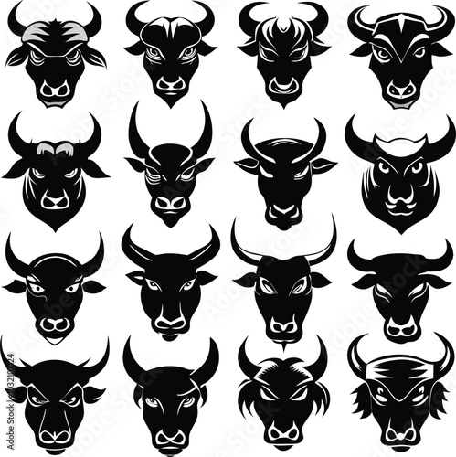 Set of bull black Head silhouette vector illustration on white background