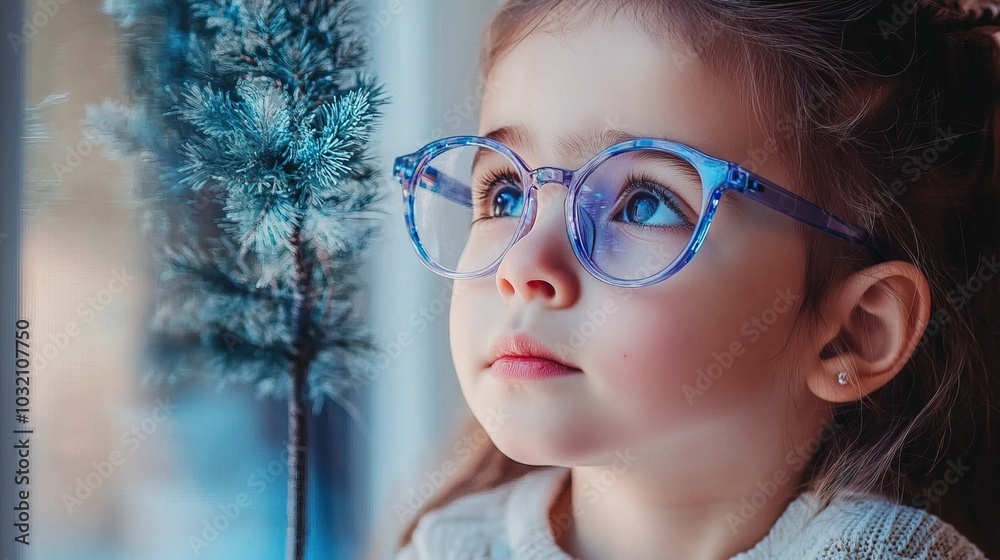 Young child wearing blue glasses focusing on distant tree outside window, symbolizing myopia prevention and importance of outdoor activities.