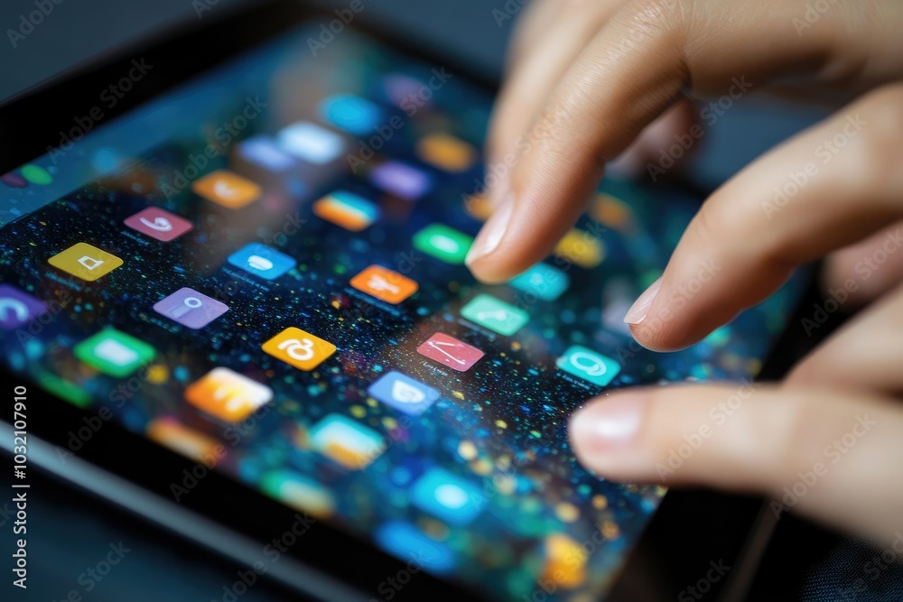 Hands Interacting with Tablet Displaying Colorful Apps Hands Interacting with Tablet Displaying Colorful Apps