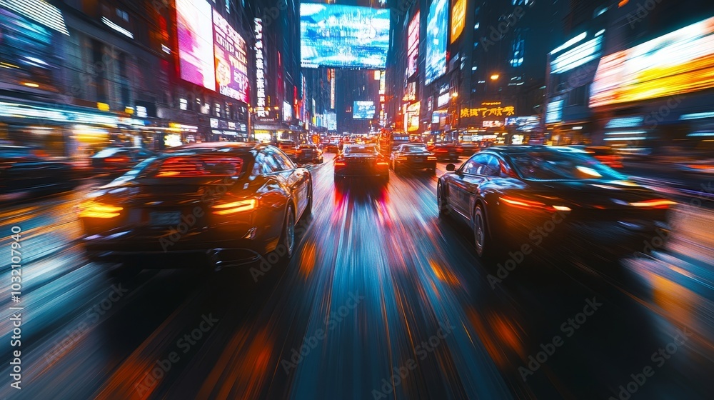 A dash cam recording a chaotic traffic scene, with glowing holographic billboards overhead, vibrant colors, futuristic cars, fast-paced cyberpunk city, wide-angle view, high contrast A dash cam recording a chaotic traffic scene, with glowing holographic billboards overhead, vibrant colors, futuristic cars, fast-paced cyberpunk city, wide-angle view, high contrast
