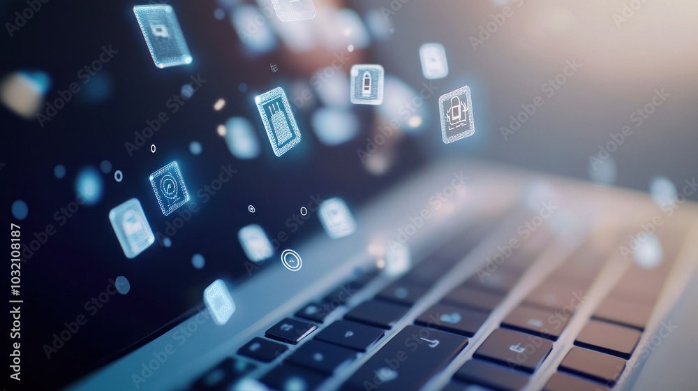 Digital icons floating above a laptop keyboard Digital icons floating above a laptop keyboard