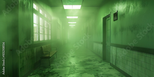 A hazy green hue washes over the walls of a mental hospital ward  adding a sense of calmness to the otherwise clinical environment.