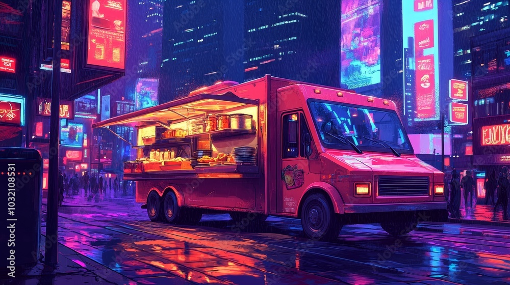 Obraz premium A futuristic food truck serving meals in plant-based biodegradable containers, set in a neon-lit urban cityscape, cyberpunk vibe, vivid colors, high-detail illustration
