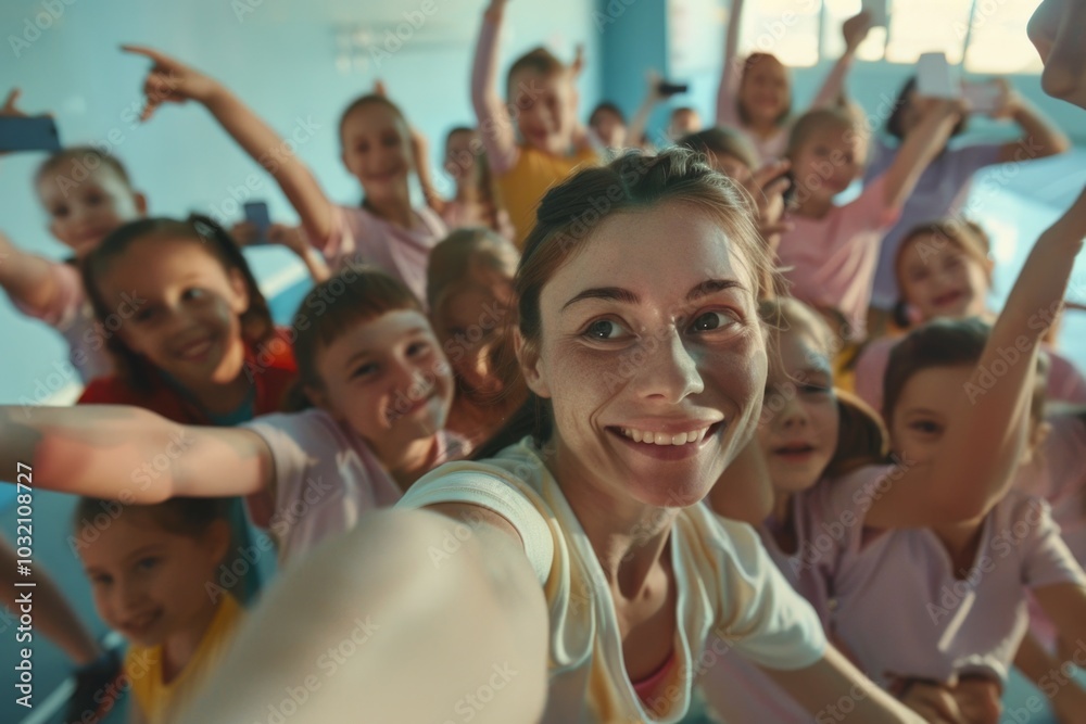 A woman takes a photo with a group of children, capturing a moment of joy and friendship A woman takes a photo with a group of children, capturing a moment of joy and friendship