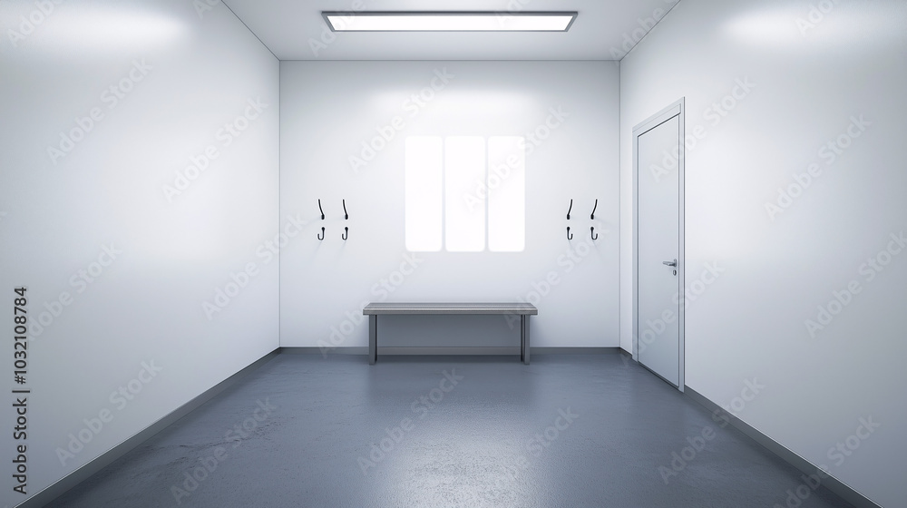 Minimalist entryway with a bench and hooks, surrounded by empty walls and open space for adding visual elements Minimalist entryway with a bench and hooks, surrounded by empty walls and open space for adding visual elements