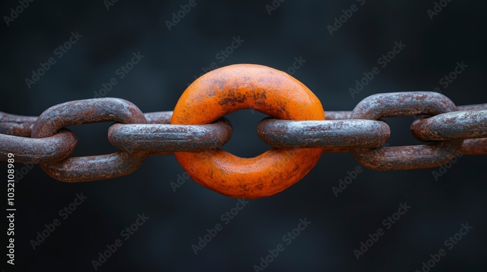 A rusty chain with a single orange link A rusty chain with a single orange link