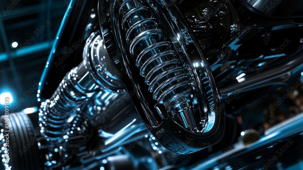 Car suspension showcased in an artistic blend of spirals and curves, featuring a sleek core design in black and indigo, highlighting innovative auto bodywork aesthetics. Car suspension showcased in an artistic blend of spirals and curves, featuring a sleek core design in black and indigo, highlighting innovative auto bodywork aesthetics.