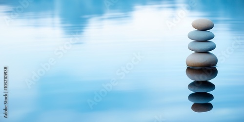 Stack of stones in water with a reflection, Balanced stone stacks on tranquil water surface, Zen stones, Round stones balanced on top of each other, surrounded by calm blue water, AI generated