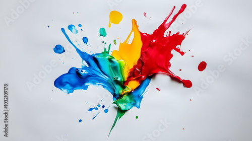Colorful Ink Spill on White Paper, vibrant red, blue, green, yellow hues merging, artistic expression of chaos and creativity