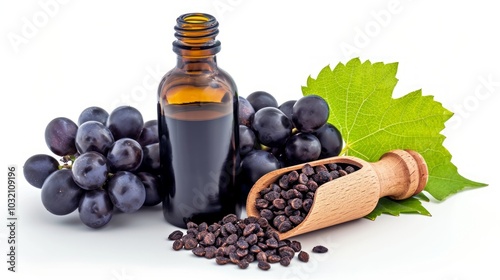 Ambrosial Trio: Organic Grape Seed Oil, Wooden Scoop of Dry Seeds, and Fresh Grapes with Leaf - A 16