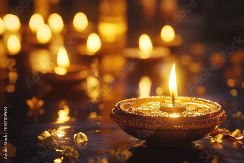 A lit candle surrounded by multiple candles on a table