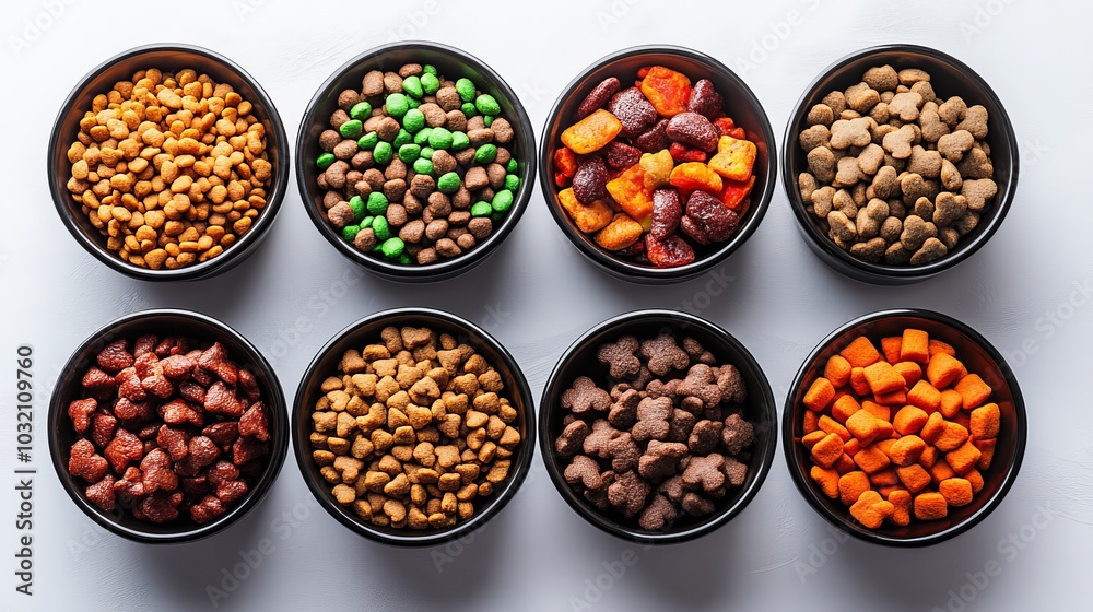 A neatly arranged assortment of pet food bowls showcasing a mix of kibble, wet food, and treats, emphasizing balanced nutrition for pets, soft lighting A neatly arranged assortment of pet food bowls showcasing a mix of kibble, wet food, and treats, emphasizing balanced nutrition for pets, soft lighting