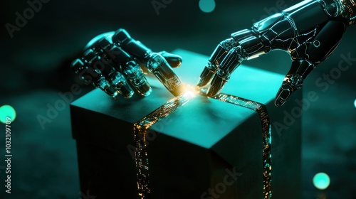 Robotic fingers delicately untie a glowing gift box. photo