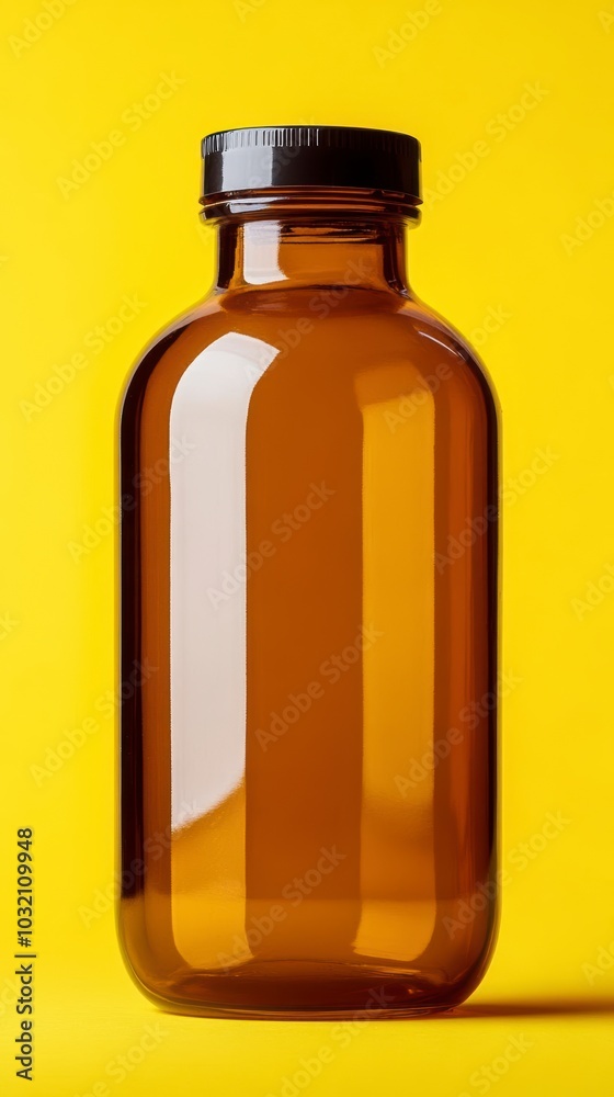 Amber glass bottle with black lid isolated Amber glass bottle with black lid isolated