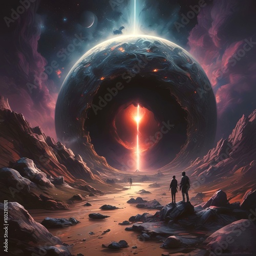 Illustration of black hole sacking planet with dast and dramatic lights. photo