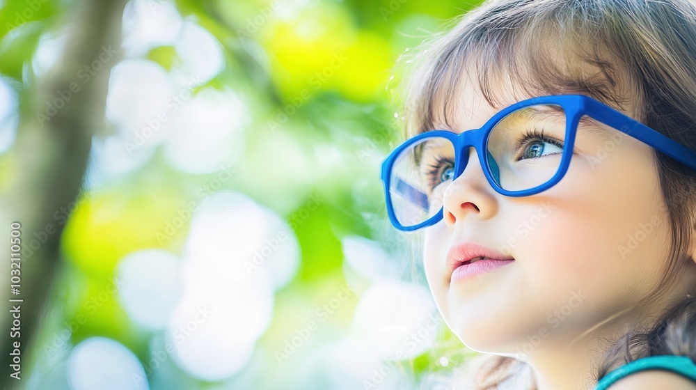 Young child wearing blue glasses focusing on distant tree outside window, symbolizing myopia prevention and importance of outdoor activities. Young child wearing blue glasses focusing on distant tree outside window, symbolizing myopia prevention and importance of outdoor activities.