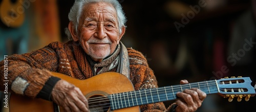 Happy senior man playing an acoustic guitar.