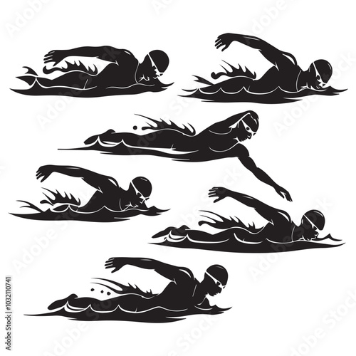Black silhouettes of swimmers on a white background