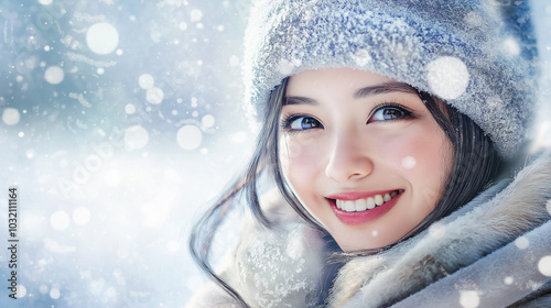 雪景色と笑顔の日本人女性