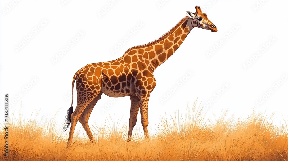 Fototapeta premium A realistic illustration of a giraffe standing in a grassy landscape.
