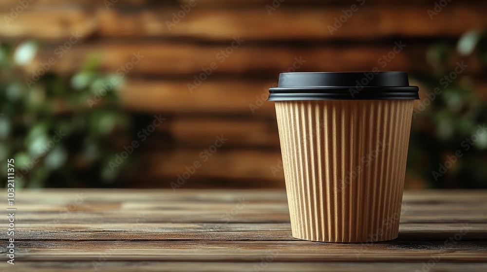 Disposable coffee cup is standing on a wooden table with a blurred background of green plants, evoking a natural and eco-friendly atmosphere Disposable coffee cup is standing on a wooden table with a blurred background of green plants, evoking a natural and eco-friendly atmosphere