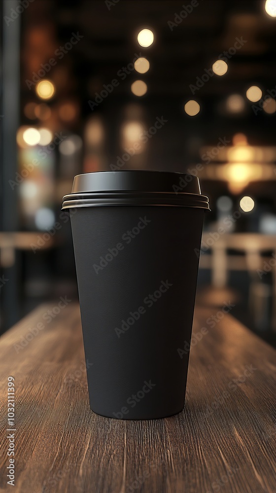 Black paper coffee cup with plastic lid standing on wooden table in a coffee shop, with warm bokeh lights in the background Black paper coffee cup with plastic lid standing on wooden table in a coffee shop, with warm bokeh lights in the background