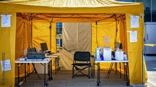 A yellow tent with a table, chairs, and computers set up for testing outside a building