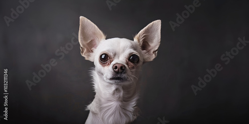 Front Facing Landscape Portrait of a Chiweenie White Short-Hair Dog, photo