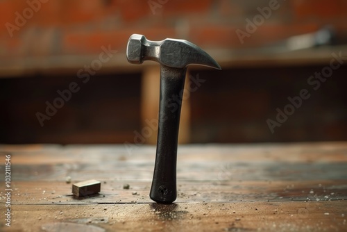 A hammer resting on a wooden table photo