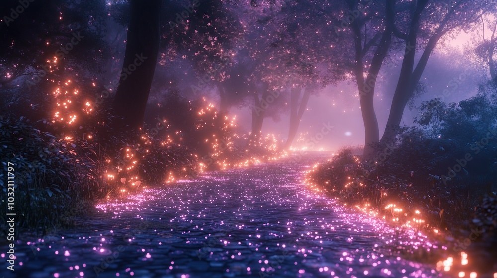 Naklejka premium A pathway of crystalized dreams leading through a glowing, mystical forest