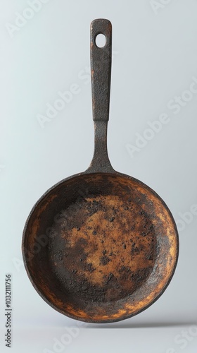 A well-seasoned cast iron skillet with a wooden handle