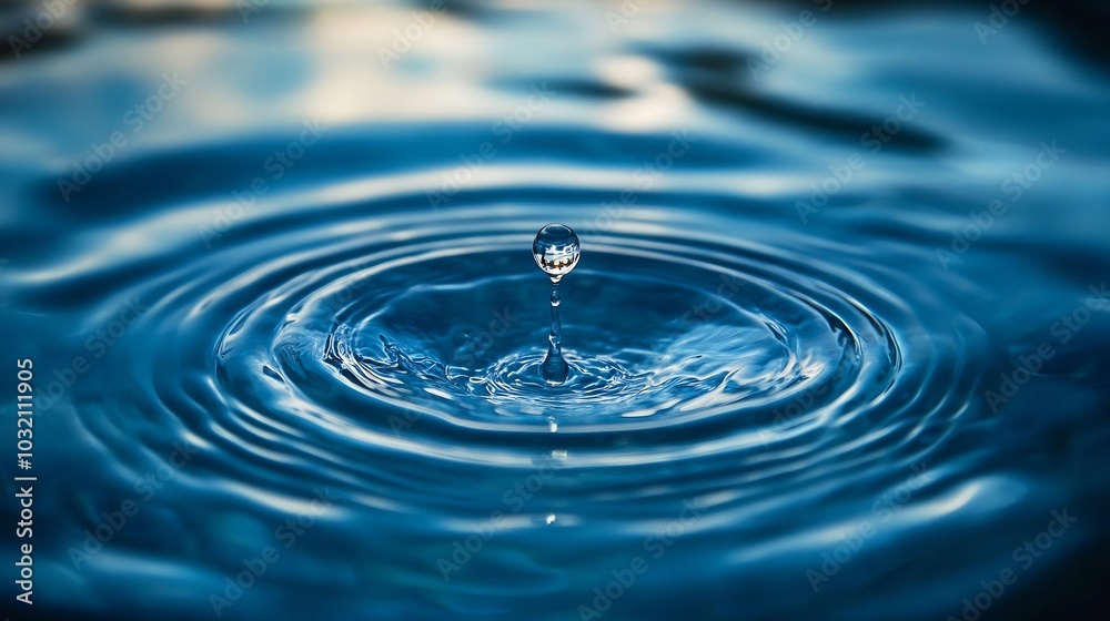Stunning realistic depiction of a single water droplet falling into a vibrant blue sea creating mesmerizing ripples and capturing the essence of World Water Day in a serene natural setting Stunning realistic depiction of a single water droplet falling into a vibrant blue sea creating mesmerizing ripples and capturing the essence of World Water Day in a serene natural setting