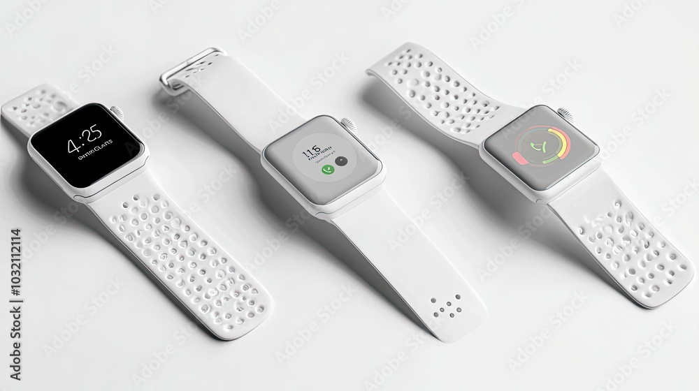 Three Modern White Smartwatches Arranged Stylishly on a Clean Surface Generative AI Three Modern White Smartwatches Arranged Stylishly on a Clean Surface Generative AI