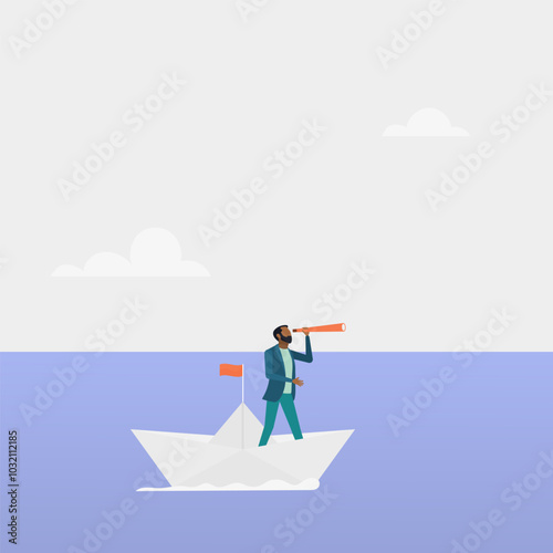 A business leader looks through binoculars at paper boats, challenging the crisis. Vector illustration.	