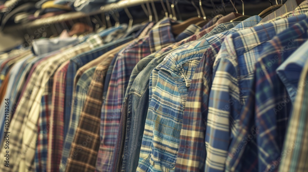 Close-up of Plaid Shirts Hanging on a Clothes Rack Close-up of Plaid Shirts Hanging on a Clothes Rack