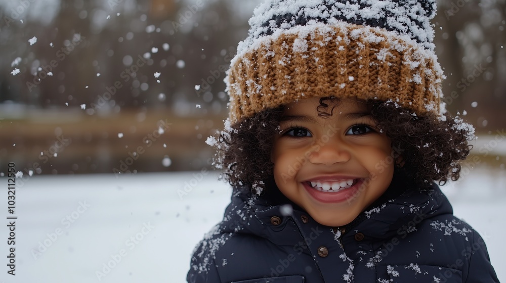 Happy biracial child plays in the snow on a winter day Happy biracial child plays in the snow on a winter day